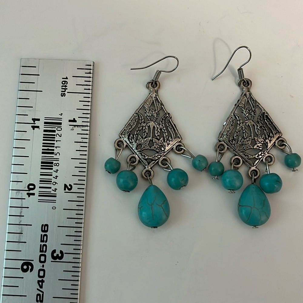 Earrings dangling long turquoise stone triangular shape silver tone metal design - Picture 7 of 9